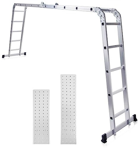 MAXCRAFT Multifunktionsleiter Mehrzweckleiter bis 150 kg - 5,51m mit 2 Gerüstplatten - 20 Stufen 6in1 Leiter - Gelenkleiter Stehleiter Trittleiter aus Aluminium - EN-131 - Silber