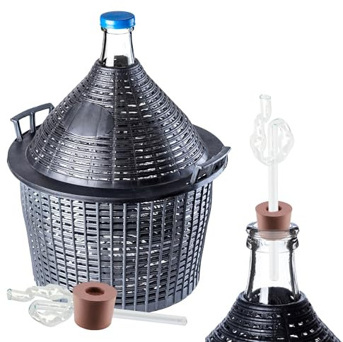 KADAX Lot de ballons en verre de 25 l, avec panier en plastique et accessoires de fermentation, bouchons en caoutchouc, tubes de fermentation, ouverture étroite, ballon à vin, bouteille, bouteille en