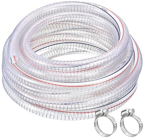 QUARKZMAN Saugschlauch 5/8 Zoll (15,88mm) Innendurchmesser 30.5 Meter PVC Druckschlauch mit 2 Edelstahl Schlauchschellen, Spiralschlauch Förderschlauch Verstärkt mit Stahldraht Dickes Rohr