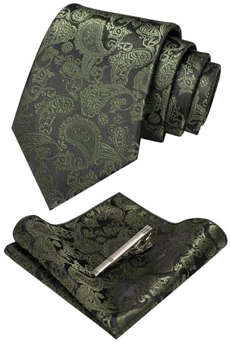 JEMYGINS olivgrün krawatte Paisley Seide Herren Krawatten und Einstecktuch mit krawattenklammer Sets