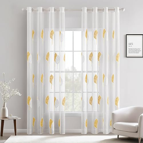 MIULEE Wohnzimmer Vorhänge Transparent mit Gelb und Weiss Blätter Muster, Modern Stickerei Gardinen Ösen für Schlafzimmer Deko, 2er Set Schöne Blätter Muster Vorhang Fenster H 245 x B 140