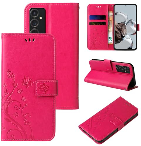 LBH Handy Hülle für Samsung Galaxy S24 Case Handytasche Schmetterling Blumen Flower Standfunktion Schutzhülle Magnet Rundum Schutz 360 Grad Flipcase Cover Pink