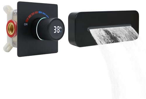 Delnet Wall Mounted Bath Tap, Concealed Waterfall Basin Tap with Digital Display Shower Valve, Brass Adjustable (Up/Down) Shower Spout, for Basin Bathub, Black