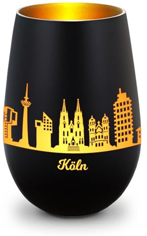GRAVURZEILE Deko Windlicht aus Glas mit Gravur - Skyline Köln - Hochwertige 360° Lasergravur - Dekoratives Geschenk als Andenken, Souvenir oder für Sammler zum Geburtstag - Farbe: Schwarz/Gold