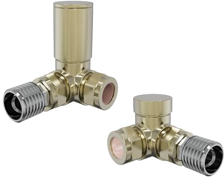 NRG Designer Manual Corner Radiator Valve Set, 15mm, Brushed Brass | Manual Valve Pair, Corner Style, 15mm Connection, 1/2in Radiator Fit, Brass Body, 10 Bar Max Pressure