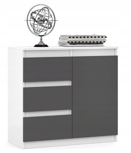 VBChome Kommode 80 x 35 x 75 cm mit 3 Schubladen und 1 Türen Weiß - Graphit Grifflose Schubladenkommode Mehrzweckschrank für Flur Schlafzimmer Wohnzimmer