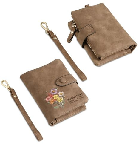Glimmerday Portefeuille Personnalisé pour Femme avec Fleur de Naissance, Porte-Monnaie Personnalisé avec Dragonne, Cadeau de Fête des Mères pour Grand-Mère (Brun)