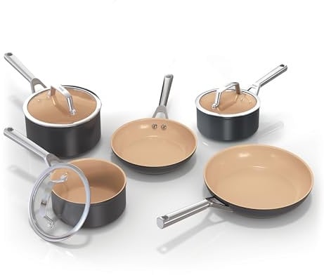 Ninja Extended Life CW95000EUUKDB - Juego de cocina (5 piezas (20 y 24 cm de cacerola y tapa de 16, 18 y 20 cm, antiadherente, sin PFAs, PFOA, plomo y cadmio), apto para horno, gris y terracota