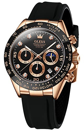 OLEVS Herren-Armbanduhr, stilvoll, luxuriös, modisch, lässig, analog, Quarzuhr, Chronographie, Diamant, Kalender, männliche Armbanduhr, wasserdicht, leuchtende Uhren, Schwarzes Band und rotgoldenes