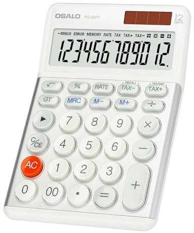 OSALO Taschenrechner große Tasten Großes Display 12-stelliger Tischrechner Bürorechner Schreib mit Mehrwert Steuer Funktion für Schule, Büro, Steuerberechnung (FQ-300T)