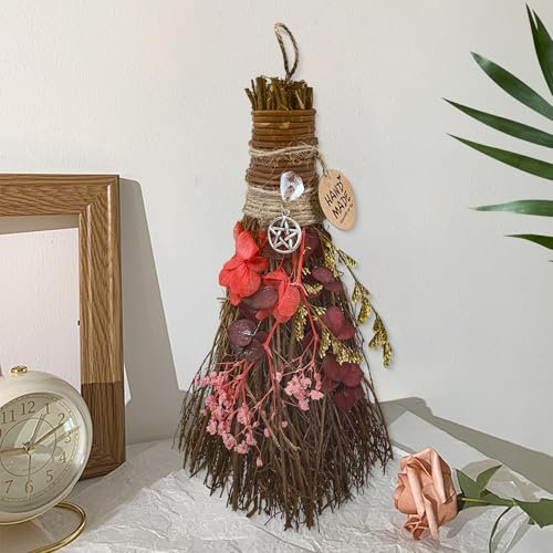 19cm Escoba de Canela, Mini Escoba Decorativa para Fiesta Temática con Flores Secas Escobas de Bruja Retablos Wicca Cristal Mágico Natural, Accesorio para Ceremonias Mágicas, Rojo