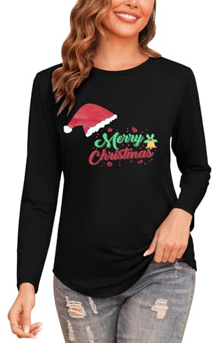 Gyabnw Merry Christmas T Shirts for Women UK Family Xmas Tops Long Sleeve Funny Graphic Printed Clothes Holiday Vacation Gift