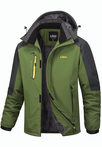 Libin Skijacke Herren Warme Winterjacke Funktionsjacke Winter Snowboardjacke Softshelljacke Outdoorjacke Wasserdicht Atmungsaktiv Wanderjacke Snowboard Jacke Männer Armeegrün M
