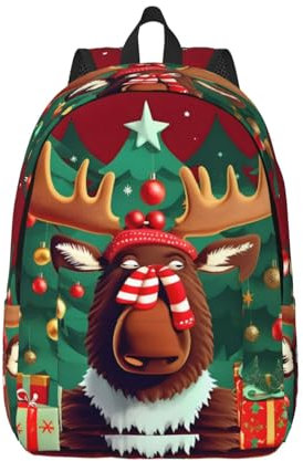 WURTON Lustiger Weihnachtsrucksack, Elch-Druck, vielseitiger Rucksack für alle Unisex Arbeit, Wandern, Segeltuch-Rucksack, Schwarz, Medium