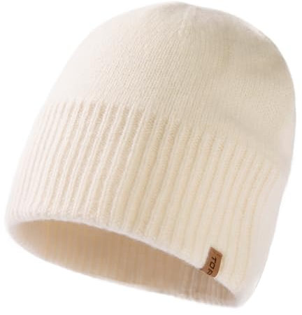 TOP-EX XL/XXL 100% Merinowolle Beanie Mütze, Wintermuetze Wollmütze Herren Damen, Strickmuetze Fisherman Beanie Trawler Mütze Warme Fleece Futter Weiß M/L