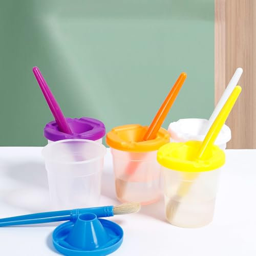 5Pcs Children's No Spill Paint Cups Leakproof Paint Containers with Lids and Brushes, Plastic Clear Paint Pots, Bulk Paint Brush Cup Set for Kids Early Learning Art Supplies (Set 1)