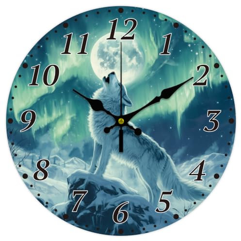 CHGCRAFT 12 Zoll Wanduhr Mit Heulenden Wölfen Und Nordlichtern Batteriebetrieben Geräuschlos Nicht Tickend Runde Dekorative Uhr Wolf