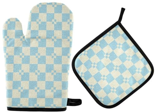 Guanti e presine da cucina a scacchi turchesi e beige termoisolanti, 2 presine, per cottura in forno