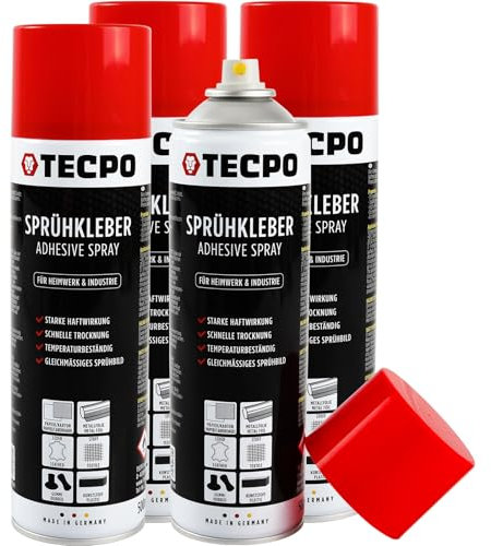 TECPO 4x Sprühkleber, 500ml Industriekleber, Kontaktkleber Alleskleber für Leder, Schaumstoff, Kunststoff, Metall, Papier, Gummi uvm.