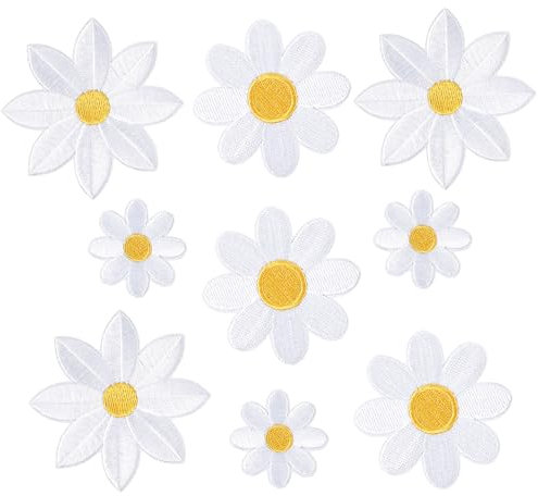 9PCS Iron on Flowers Patches, 3 Sizes Iron on Floral Patches, White Daisy Flower Applique Patch for Clothes Pants Hats, Floral Sewing Patch for Girls Women