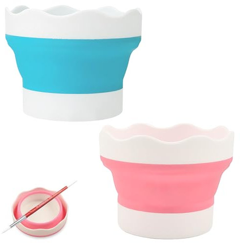 Wjelet 2Pcs Collapsible Paint Brush Washer, Silicone Water Pot for Painting, Foldable Washing Bucket for Watercolor Acrylic Oil Painting, Portable Brush Cleaner(pink and blue)