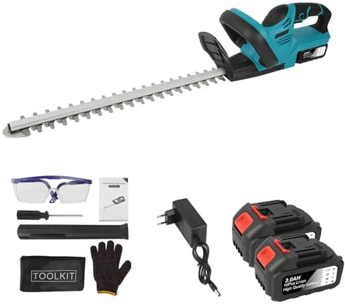 Corta Setos Jardin Electrico 21V, 52CM Cortasetos Electrico con Baterías de 3,0Ah, Espacio Entre Cuchillas 1,5CM, Doble Interruptor y Cuchilla Doble, Cortasetos Bateria para Jardín (con 2 Batería)