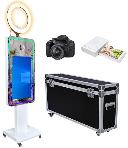 Mirror Photo Booth with 21.5 Touchscreen, APP Control & Instant Printing, Portable DSLR Photo Booth Includes RGB Ring Light & Flight Case for Wedding Parties Events (Photo Booth + Printer + Camera)