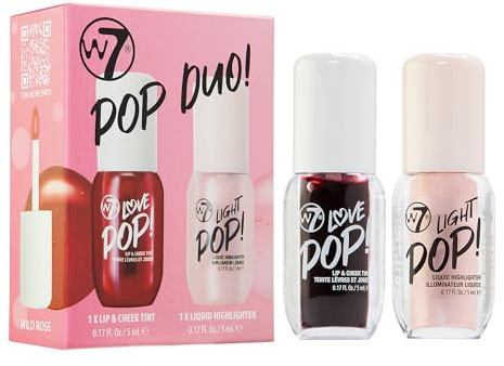 W7 Pop Duo Makeup Set - Lip and Cheek Tint and Liquid Highlighter | Buildable Colour and Glow, Juicy Tint and Shimmer, 2 X 5ml