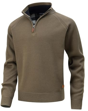 CoXuantion Homme Col Montant Pull 1/4 Zip Tricoté Pullover Casual Polaire Manches Longues Chaud pour Automne et Hiver Sweat Pull Slim Fit Pullover Sweater L,Kaki