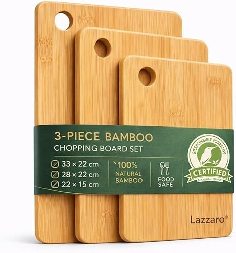 Lazzaro Bamboo Chopping Board Set of 3 - Extra Thick Wooden Cutting Boards with Deep Juice Groove - Kitchen Boards for Meat, Vegetables & Charcuterie
