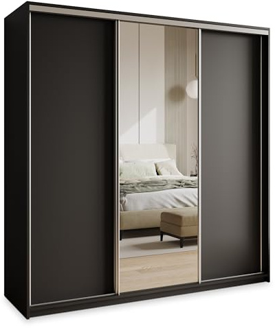 Masseno Schwebetürenschrank TAVI 180/205/60 cm Kleiderschrank mit 4 Schubladen Schlafzimmer Schiebetürenschrank 3-türig mit Spiegel Schwarz