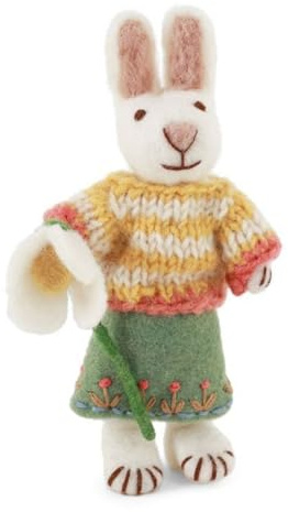 Gry & Sif Handgemacht & Fairtrade-Zertifiziert Stilvolles dänisches Design x Nepali Kunsthandwerker | Kleiner weißer Hase – Mädchen mit Rock & Schneeglöckchen | Oster-deko