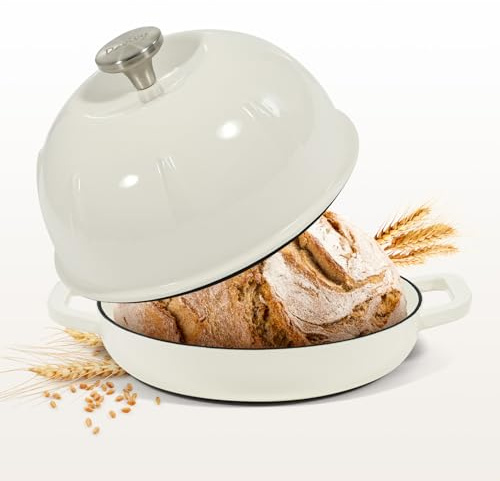 Davivy Cocotte en fonte émaillée pour pain au levain, cocotte avec couvercle bombé, cocotte à pain en fonte – Standard, blanche