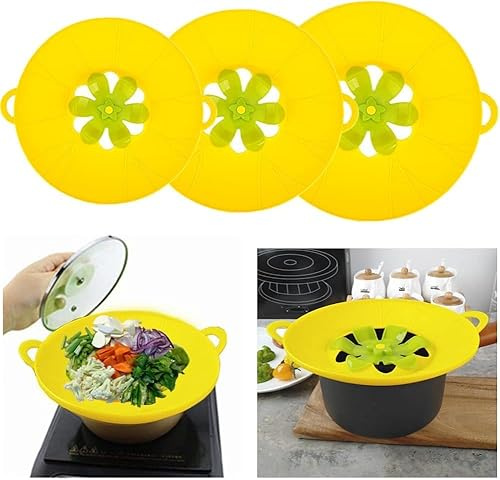 Silicone Spill Stopper Lids, Multifunction Splatter Covers, Reusable Lids with Flower Vent, Universal Pot Covers, Boil-Over Protectors, Safe for Microwave, Oven, Stovetop, Dishwasher (Yellow, 3PCS)