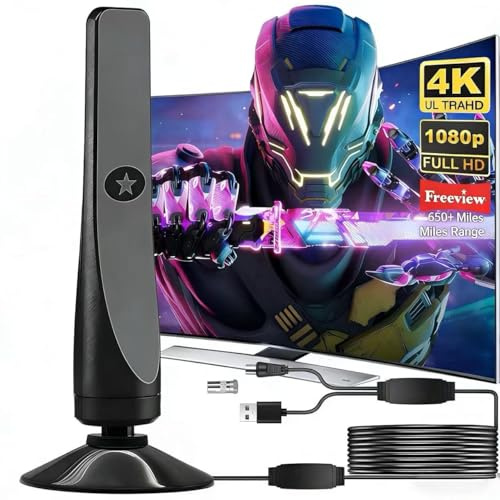 Indoor TV Aerial, 650+ Miles Digital TV Aerial with Signal Booster for Freeview, 16FT Cable, 4K 1080P TV Antenna Indoor with Magnetic Base, VHF UHF DAB TV Aerial Indoor (Large)