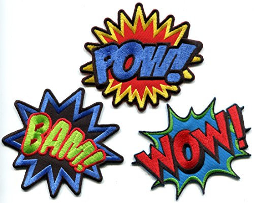 Lot of 3 POW! WOW! BAM! Superhelden Comics Retro Fun Stickerei Applikationen Bügelbilder