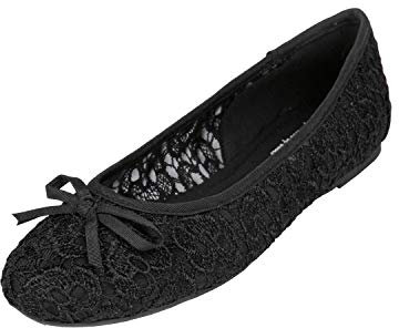 Feversole Round Toe Lace Ballet Flats Women's Comfy Breathable Dolly Shoes Black UK 6