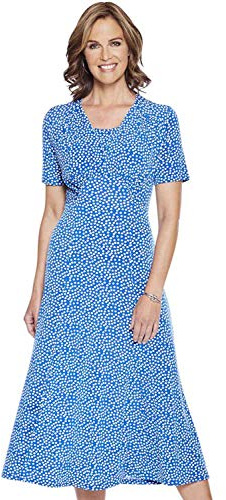 Amber Ladies 41 Inch Spotted Tea Dress, 1940s Inspired Fit with Curved Waist Seam (Available in Size 10-22) Cornflower Blue 22