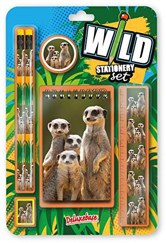 Wild Stationery Set - Erdmännchen von Deluxebase. Diese niedlichen Stationären Schulsets für Mädchen und Jungen enthalten 2 Bleistifte, Radiergummi, Spitzer, Lineal und Notizbuch