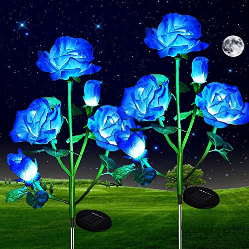 ZVO Solarlampen für Außen Garten, 2 Stück Solarleuchten Garten Deko mit 10 LED Rose Blume Lichter, Solar Wegeleuchten Außen Gartenleuchte Lampen für Outdoor Rasen Feld Weg Terrasse(Blau)