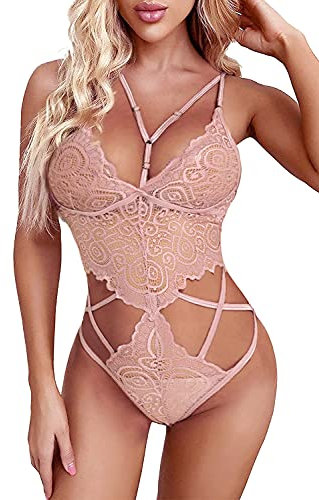 EVELIFE Body Donna Sexy Lingerie Pizzo Trasparente Scollo a V profondo Completi Intimi Hot, Rosa, XX-Large