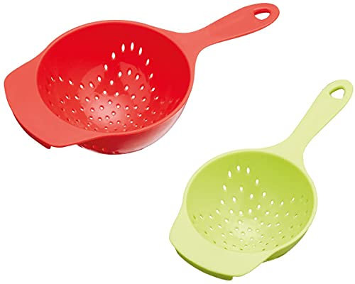 Brandobay Plastic Mini Colanders Set 2 Pack Kitchen Mesh Food Strainers Colander Handles Harvest Baskets Orange Lime Green 6.5 and 7.5 Inch Strainer For Pasta Fruits and Vegetables