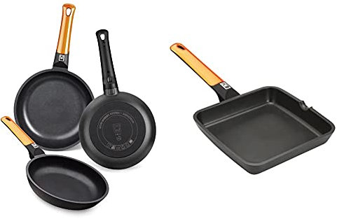 BRA Efficient Orange Set De 3 Sartenes, Aluminio, Negro, 20-24-28 Cm + Efficient Orange Grill Asador Liso, Aluminio Fundido Con Antiadherente Platinum Plus, Apto Para Inducción, 28 Cm