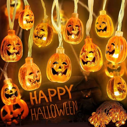 Ninevi Halloween Deko, Halloween Lichterkette, Halloween Deko, 3 Meter 20 LED Orange Kürbis Lichterkette Batteriebetrieben Beleuchtung für Allerheiligen, Halloween Party Hause Garten