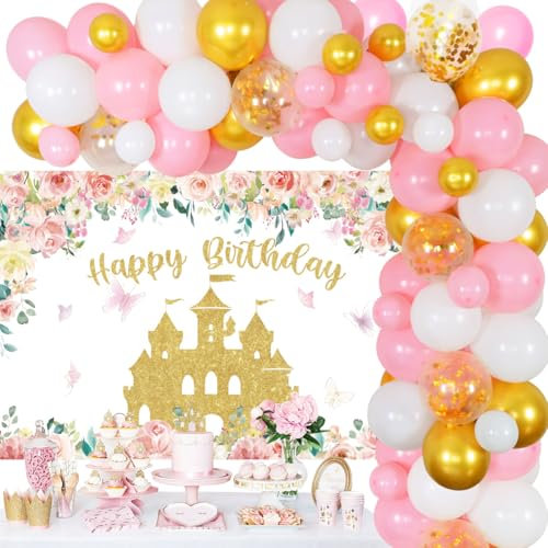 Kleine Prinzessin Geburtstagsparty-Dekorationen, rosa und goldenes Ballon-Girlanden-Set, alles Gute zum Geburtstag, Hintergrund, Krone, Folienballons für Mädchen, Frauen, Geburtstagsparty-Zubehör