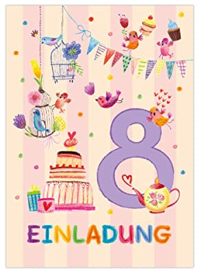 Junapack 12 Einladungskarten zum 8. Kindergeburtstag Einladung zum achten Geburtstag Mädchen Vögelchen
