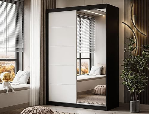 lukmebel Kleiderschrank Camaro II Plus- Kleiderstange Schrank - Schwebetürenschrank mit Spiegel 150x59x215 cm Schrank Schwarz/Weiß - Schlafzimmer Möbel - Aluminiumgriffe