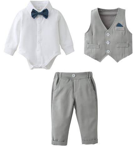 Amissz Baby Boy Clothes Outfit Suits 3-24 Months, Infant Gentleman Long Sleeve Romper Jumpsuit+Pants+Bow Tie Formal Tuxedo Clothing Set for Boys