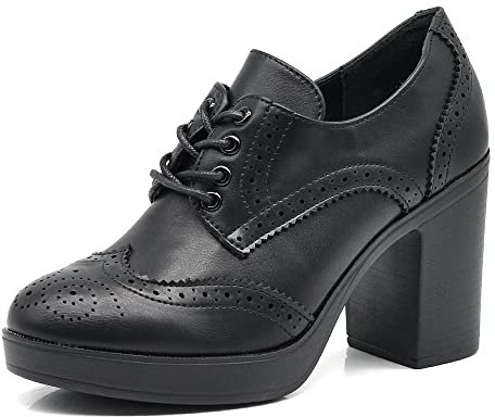 IF Fashion IF146 - Zapatos de mujer con cordones y bordado de tacón grueso de piel sintética, 354 4 Negro, 38 EU