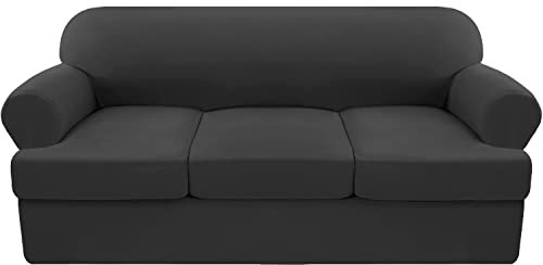 GAMUKAI Copridivano in pile a T, 4 pezzi, Teli Copritutto per Divano, Antiscivolo, con 3 Cuscini Individuali (Grigio Scuro)